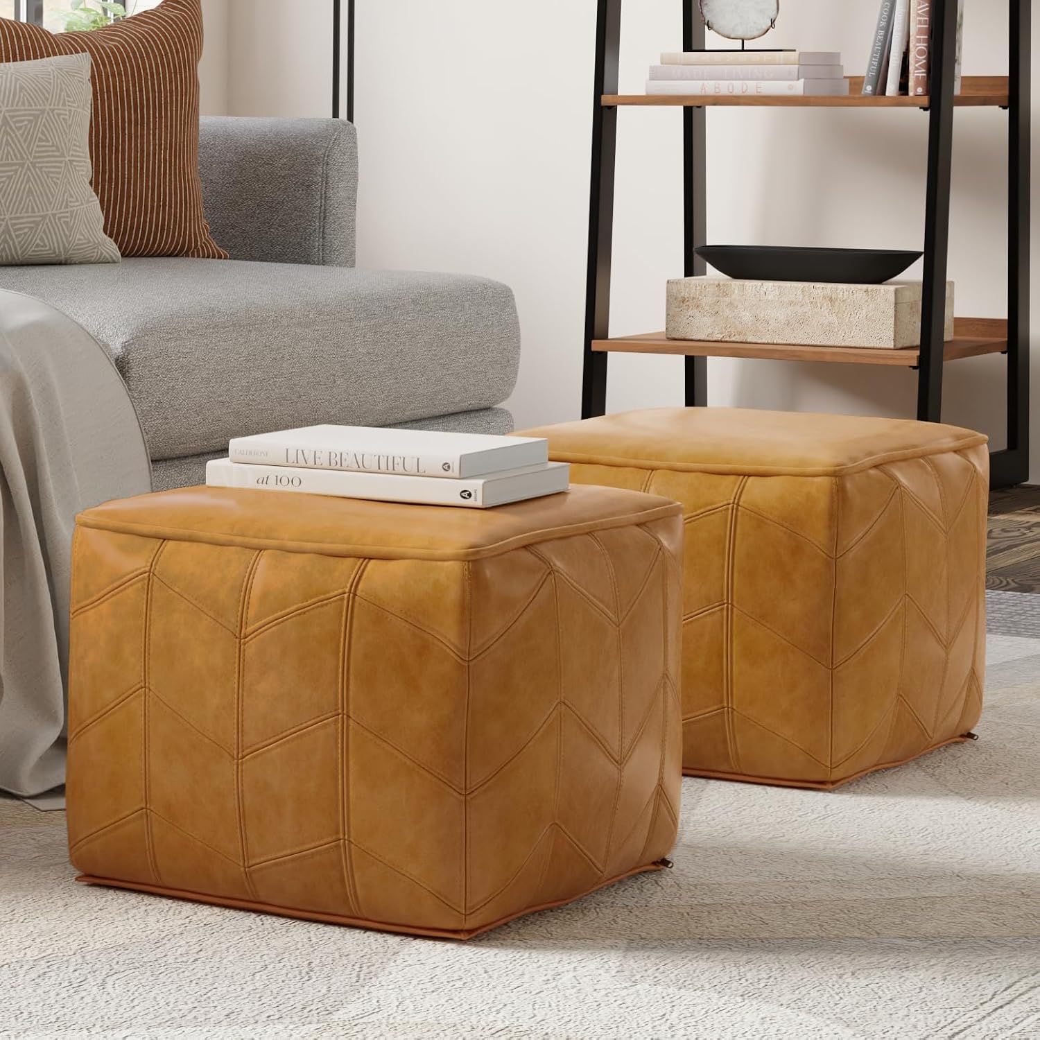SIMPLIHOME Morden Square Pouf - 18 inch Wide Upholstered Genuine Leather Ottoman in Brown, Contemporary Footstool or Extra Seating for Living Room or Bedroom with Chevron Pattern, Assembled