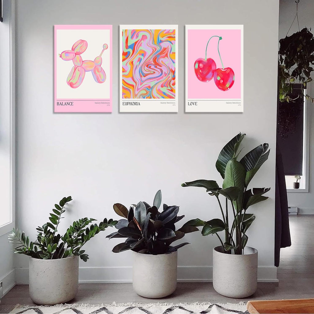 Trendy Set Of 3 Pink Cherry Cute Balloon Dog Posters Preppy Style Room Aesthetic Canvas Wall Art Gradient Aura Fresh Fruit Prints Painting For Home Bedroom Dorm Wall Decor 16X24in Wooden Frame