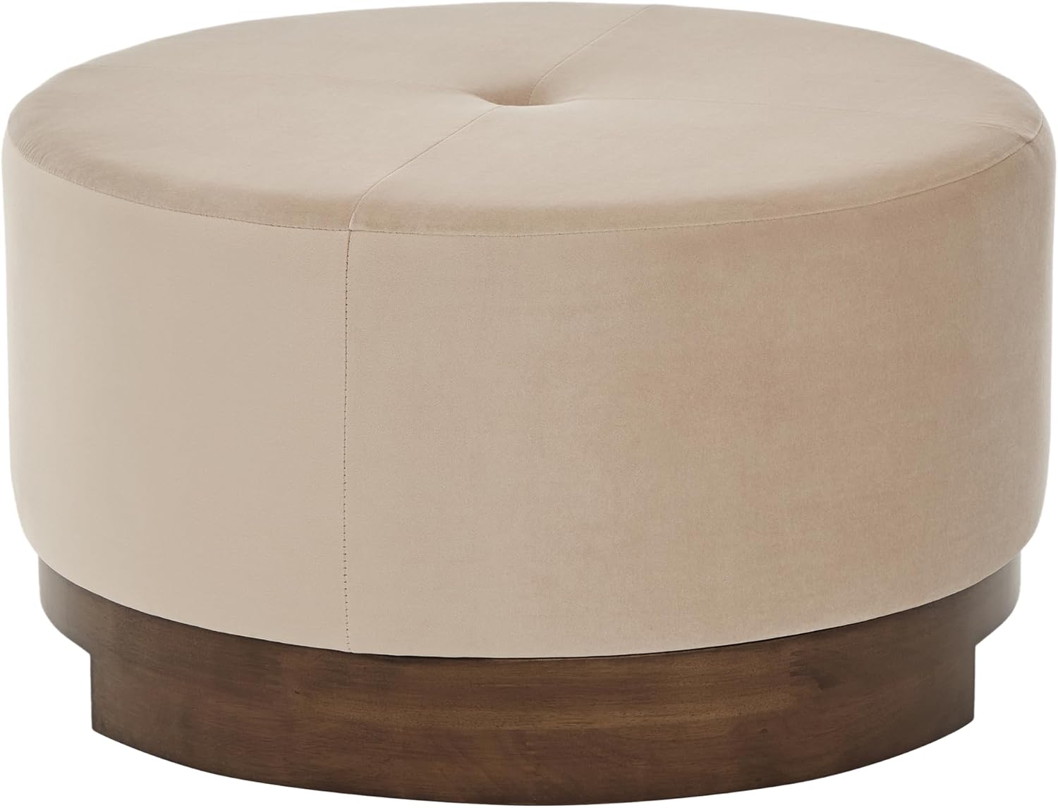 Christopher Knight Home Monroe Velvet Upholstery Round Ottoman, Living Room Sofa Ottoman with Wood Frame, Accent Small Foot Stool, Round Coffee Table, No Assembly Needed, Camel + Dark Walnut