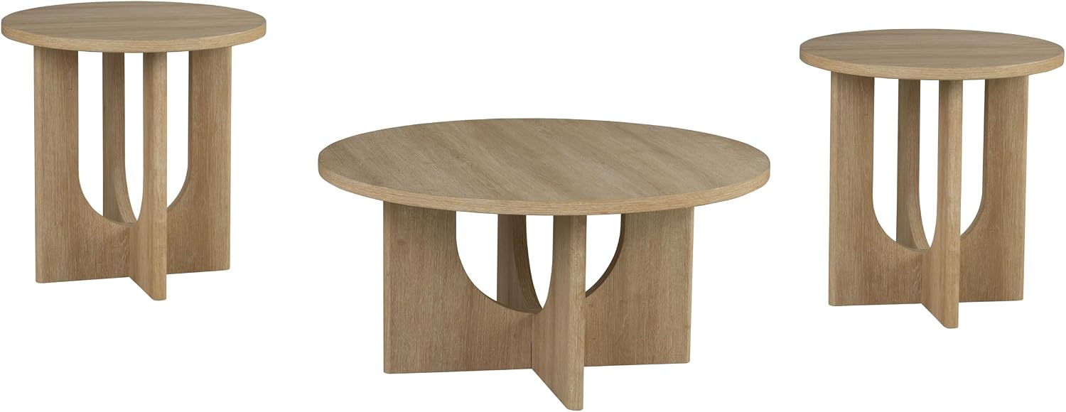 Furniture of America Aveline Modern 3 Piece Round Coffee Table Set with Cutout Trestle Base, Living Room Set for Small Space, Home Office, Bedroom, Natural