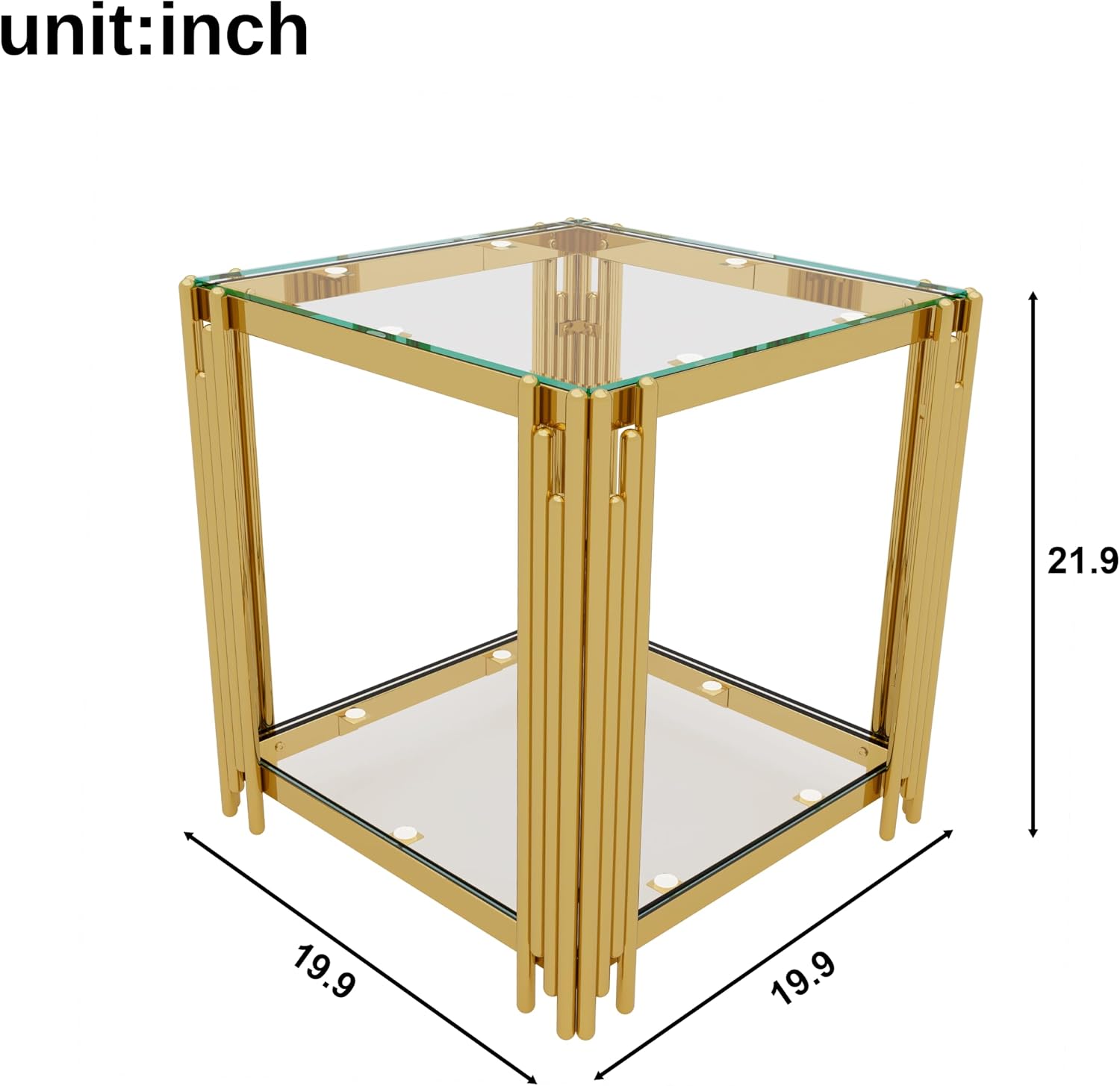 19.9'' Tempered Glass Side Tabel Square End for Living Room, 2-Tier Modern Accent Square Design, Transparent Mirror Tabletop & Metal Drum Base, Easy Assembly, Transparent & Gold