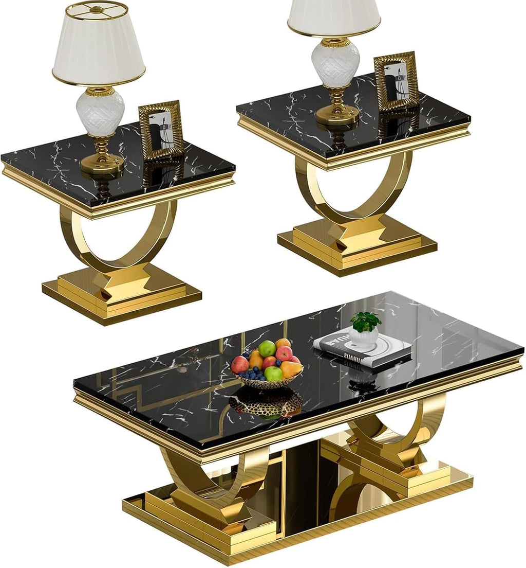 3 Piece Living Room Table Set, Modern Faux Marble Coffee Table and 2 End Tables Set for Living Room Apartment, Mirrored Stainless Steel Base, Imitation Marble Tabletop (Black & Gold)