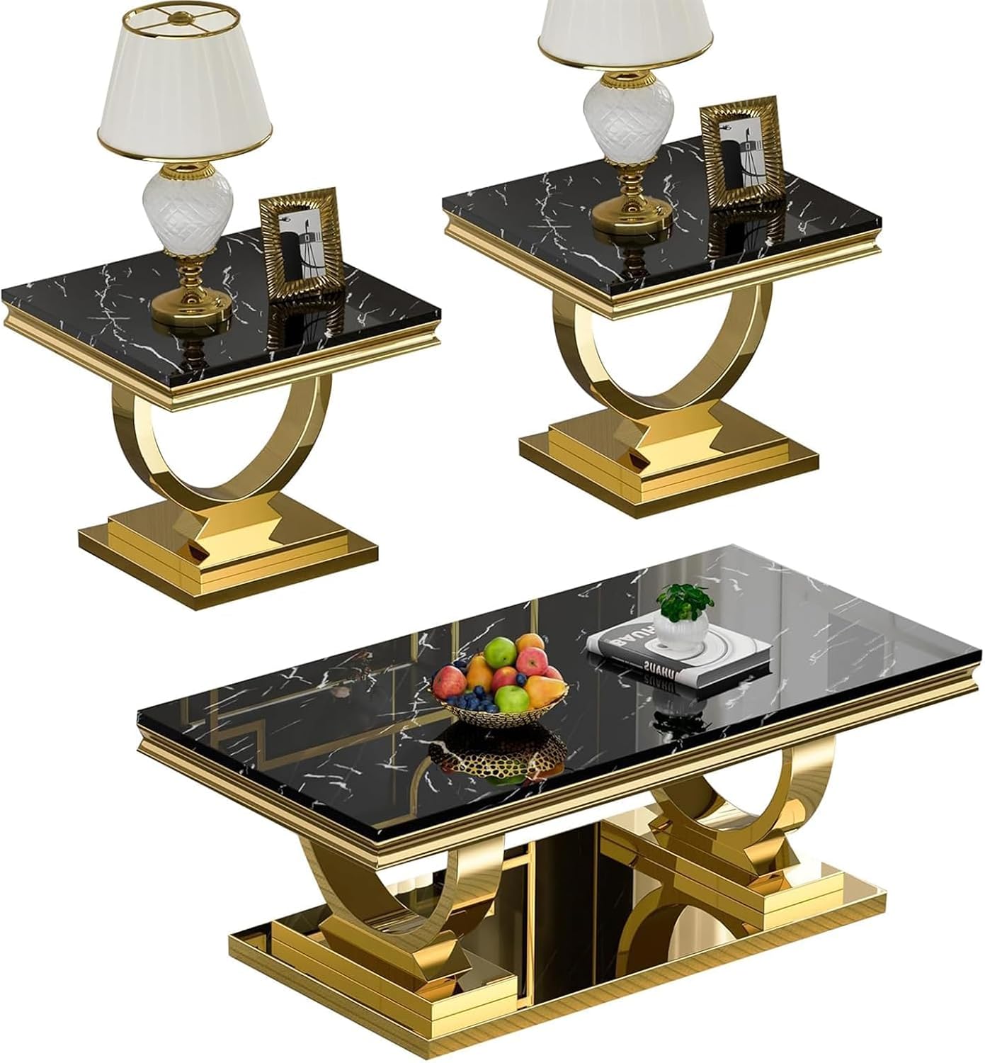 3 Piece Living Room Table Set, Modern Faux Marble Coffee Table and 2 End Tables Set for Living Room Apartment, Mirrored Stainless Steel Base, Imitation Marble Tabletop (Black & Gold)