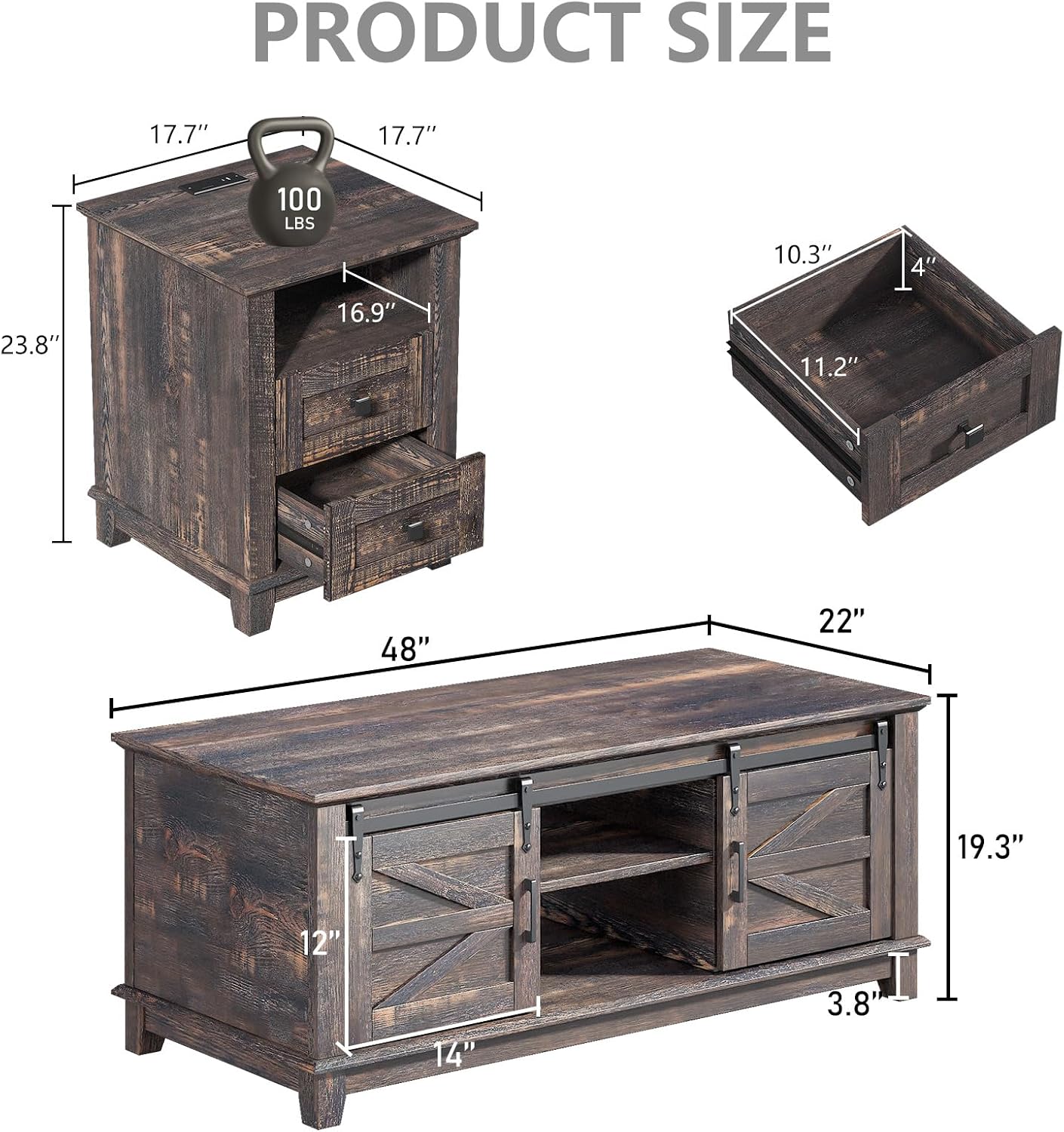 LUXOAK Farmhouse Table Set of 3, Coffee Table with Sliding Barn Doors, End Tables Set of 2 with Charging Station for Living Room & Bedroom, Sliding Barn Doors, 2 Tiers Storage Drawer, Dark Rustic Oak
