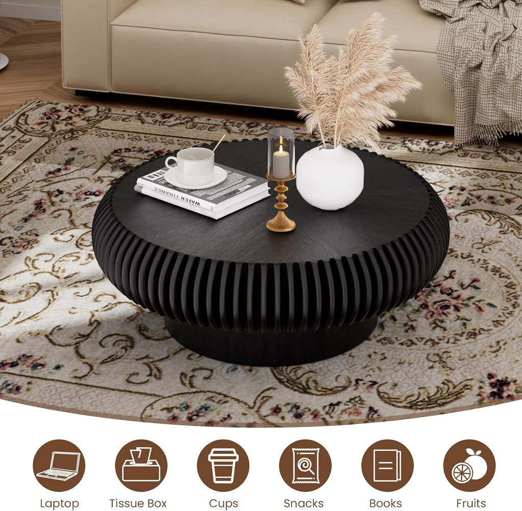 JHKZUDG Round Fluted Coffee Table 31.5'' Wood Drum Coffee Tables Contemporary Circle Accent Center Table Mid Century Side Table for Living Room, Small Space, Apartment (Black, 31.5' Coffee Table)