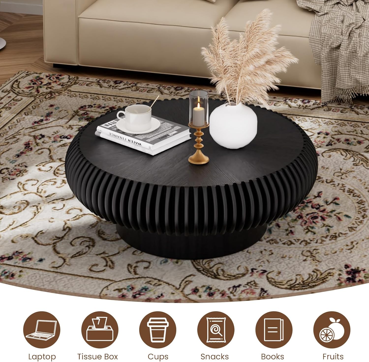 JHKZUDG Round Fluted Coffee Table 31.5'' Wood Drum Coffee Tables Contemporary Circle Accent Center Table Mid Century Side Table for Living Room, Small Space, Apartment (Black, 31.5' Coffee Table)