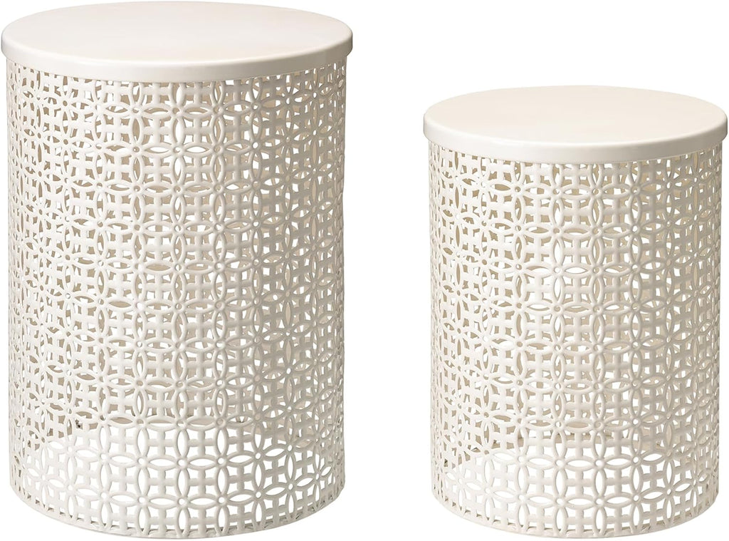 Glitzhome Accent Tables Living Room Set of 2, Round Metal End Side Table, Small Circle Coffee Bedside Table, Planter Stand for Couch Bedroom Nightstand, Cream White