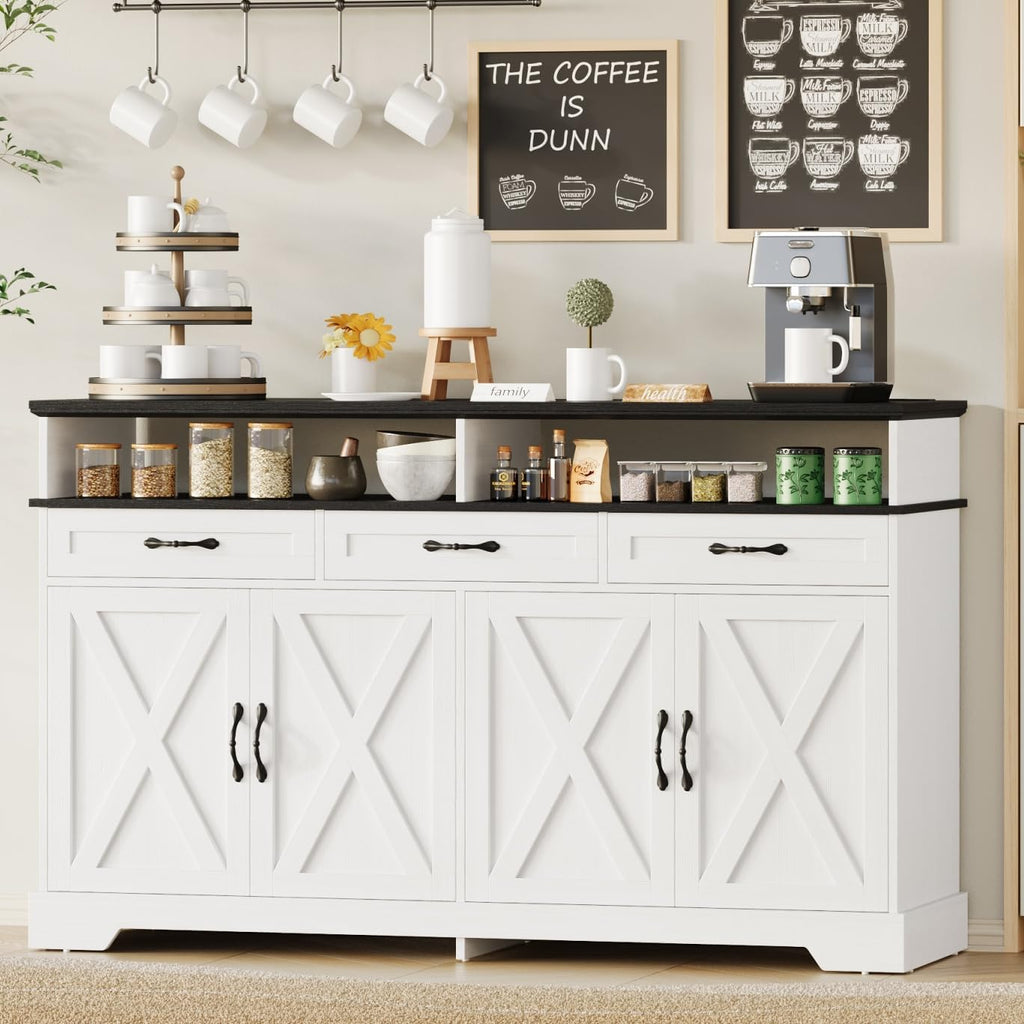 Yanosaku 63'' Buffet Cabinet with Storage, Farmhouse Sideboard Cabinet with Charging Station, Coffee Bar Cabinet, Sideboard Buffet Cabinet for Kitchen, Living Room, Hallway, White