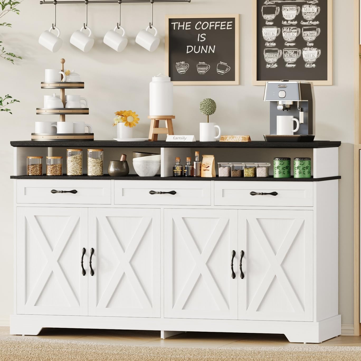 Yanosaku 63'' Buffet Cabinet with Storage, Farmhouse Sideboard Cabinet with Charging Station, Coffee Bar Cabinet, Sideboard Buffet Cabinet for Kitchen, Living Room, Hallway, White