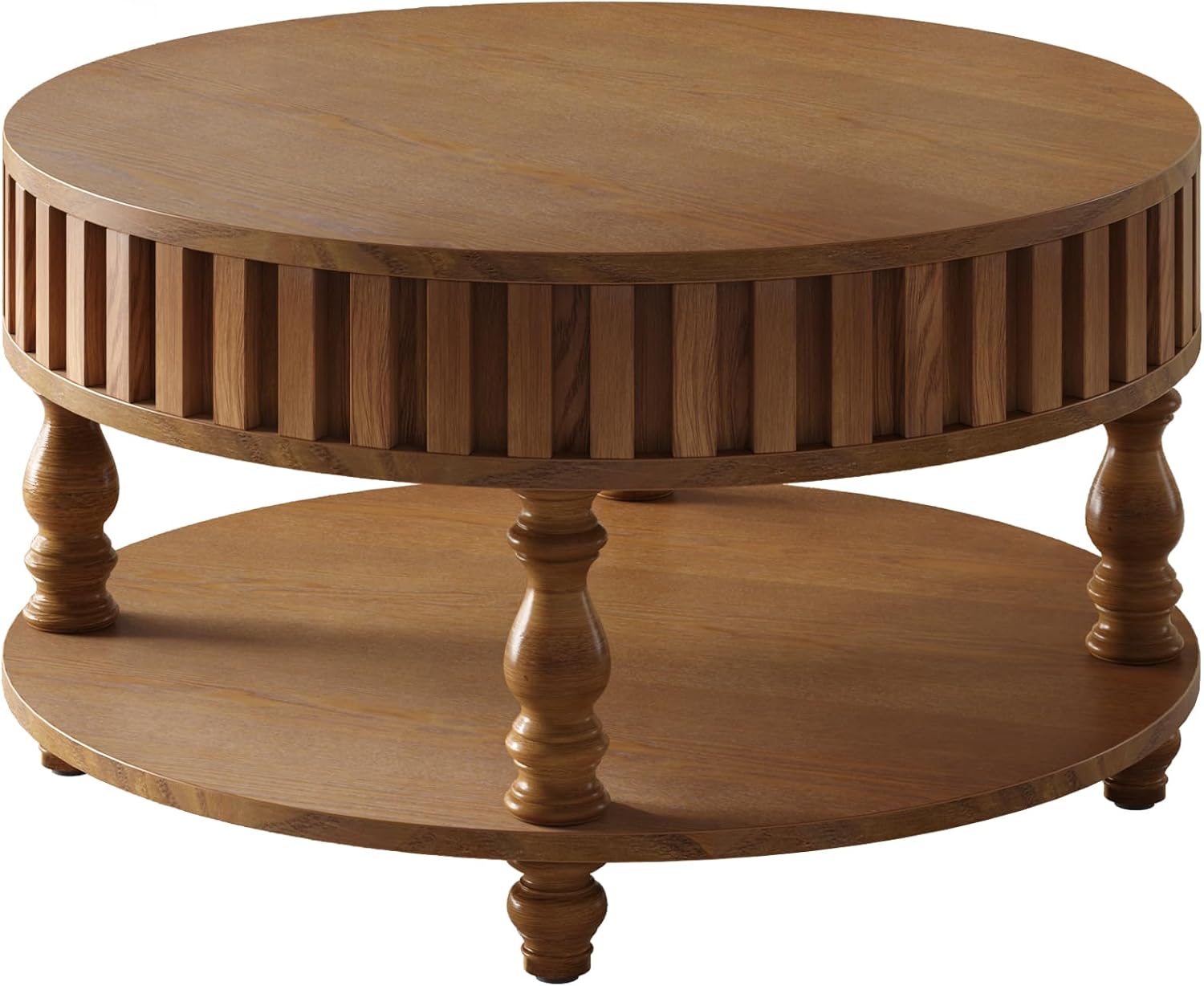 31.49'' Round Coffee Table with Storage Space, 2-Tier Modern Rustic Wood Circle Fluted Coffee Table for Living Room, Moveable Table Top & Easy Assembly, Walnut