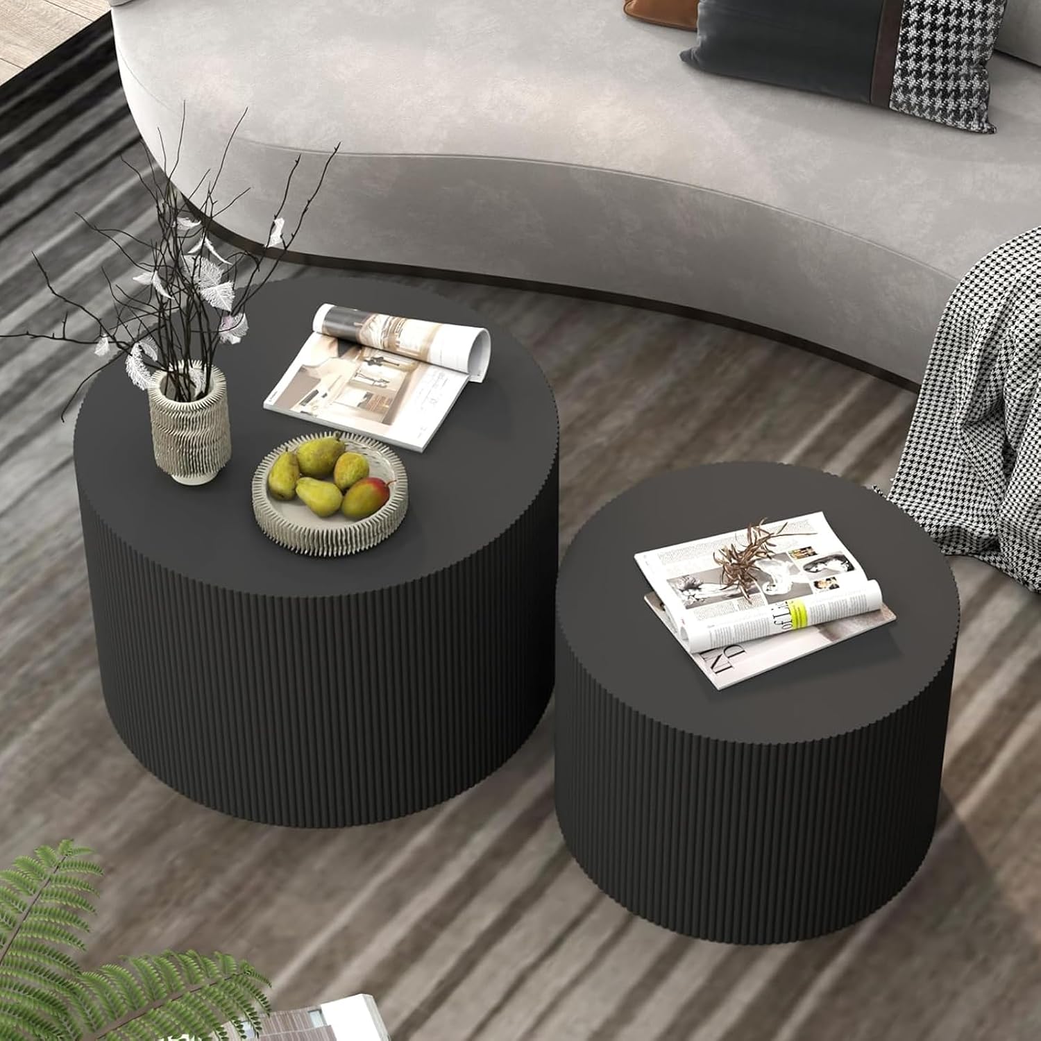 Round Coffee Table Set of 2 Modern Nesting Coffee Tables for Living Room Wave Stripe Round Coffee Table for Living Room Bedroom (D)