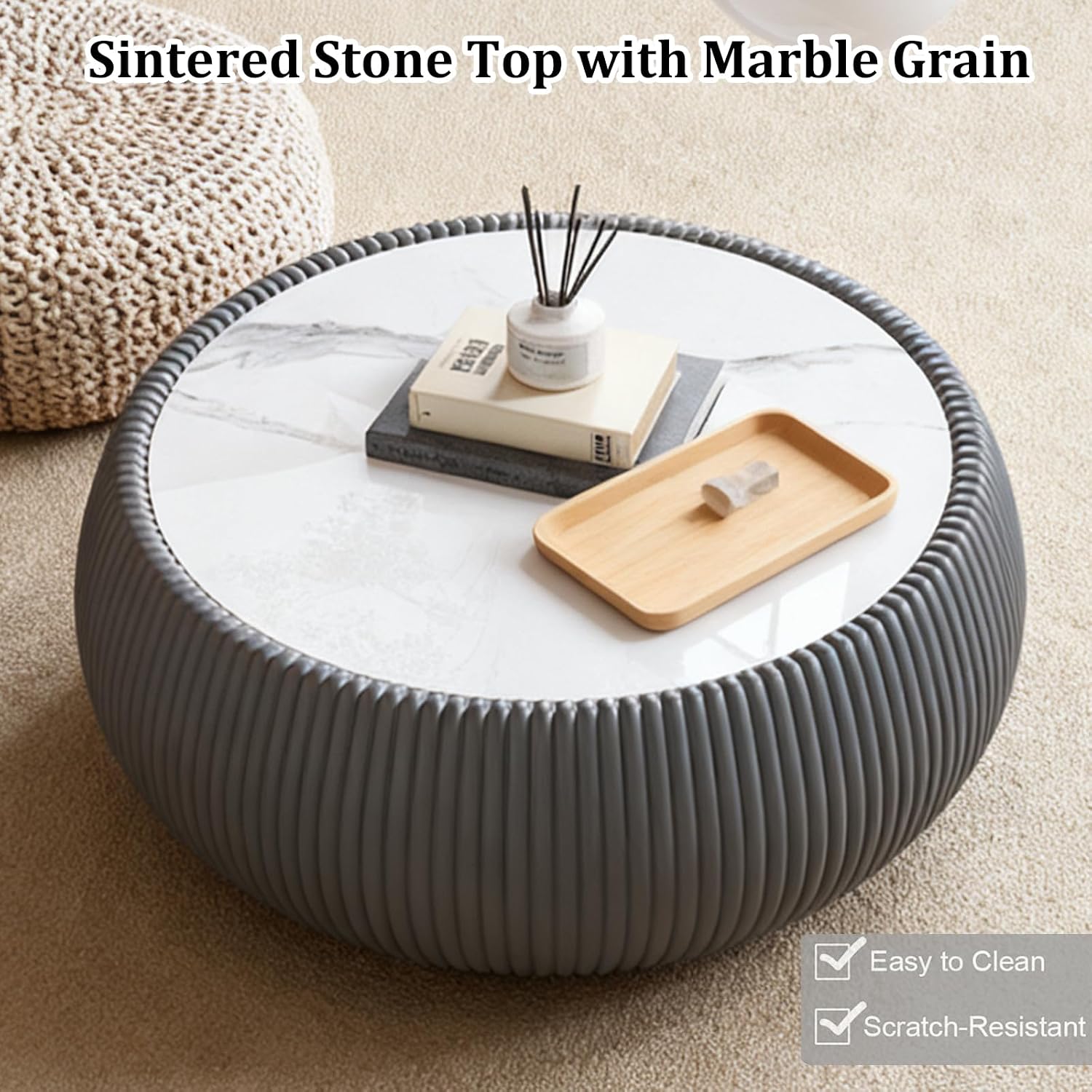 Modern Round Coffee Table Luxury Sintered Stone Top Coffee Table in Grey Leatherette Creative Drum-Shape Cocktail Center Table for Living Room Bedroom,Fully Assembled