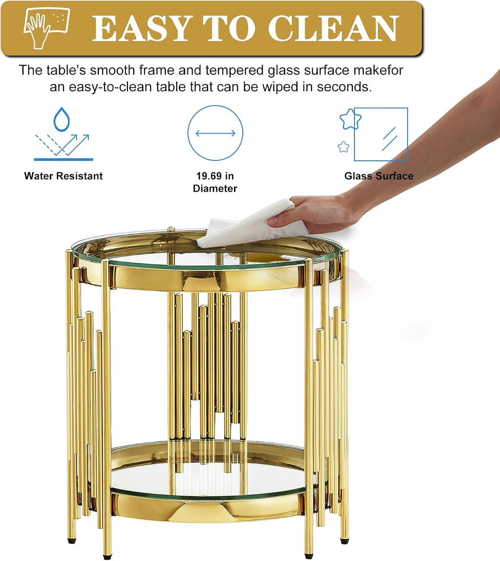 Round Glass End Table 19.69' Modern Coffee Table Living Room Table with Irregular Stainless Steel Leg, Sofa Side Table Clear Top for Home Apartment Office, Gold
