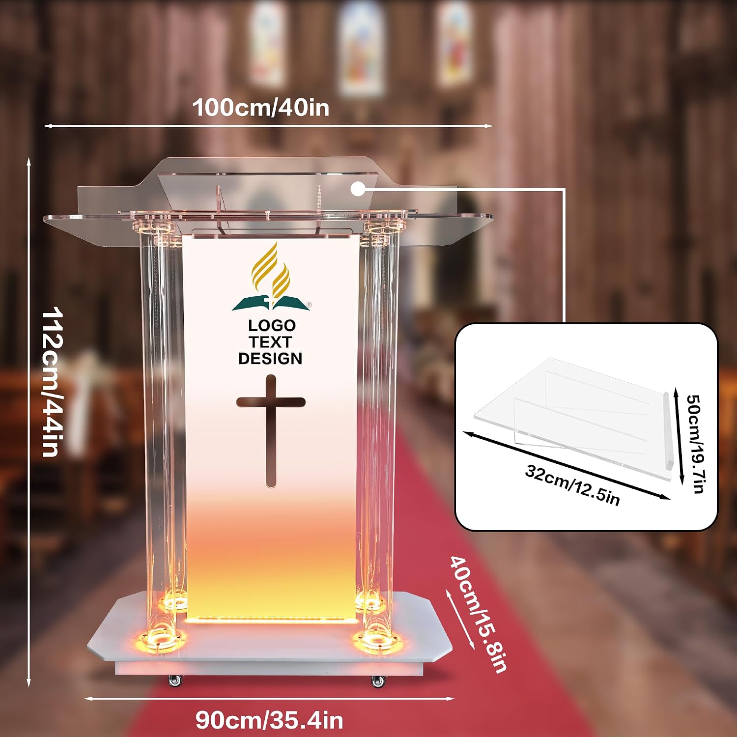 Church Pulpit,Logo&Text Personalization Pulpit with Wheels,Led Acrylic Church Podium with Hollow Cross Design,46'Transparent Lecterns for Churches,Classroom