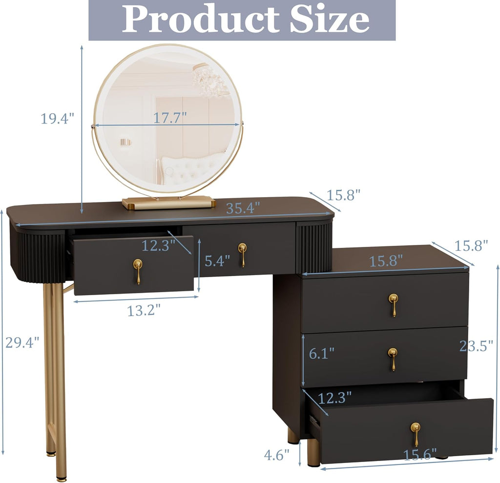 Royal Windsor Makeup Vanity Desk with Mirror and Lights, Black | The Side Cabinets can be Interchanged from Lleft to Right, 3 Color Touch Screen LED Mirror , 5 Drawers