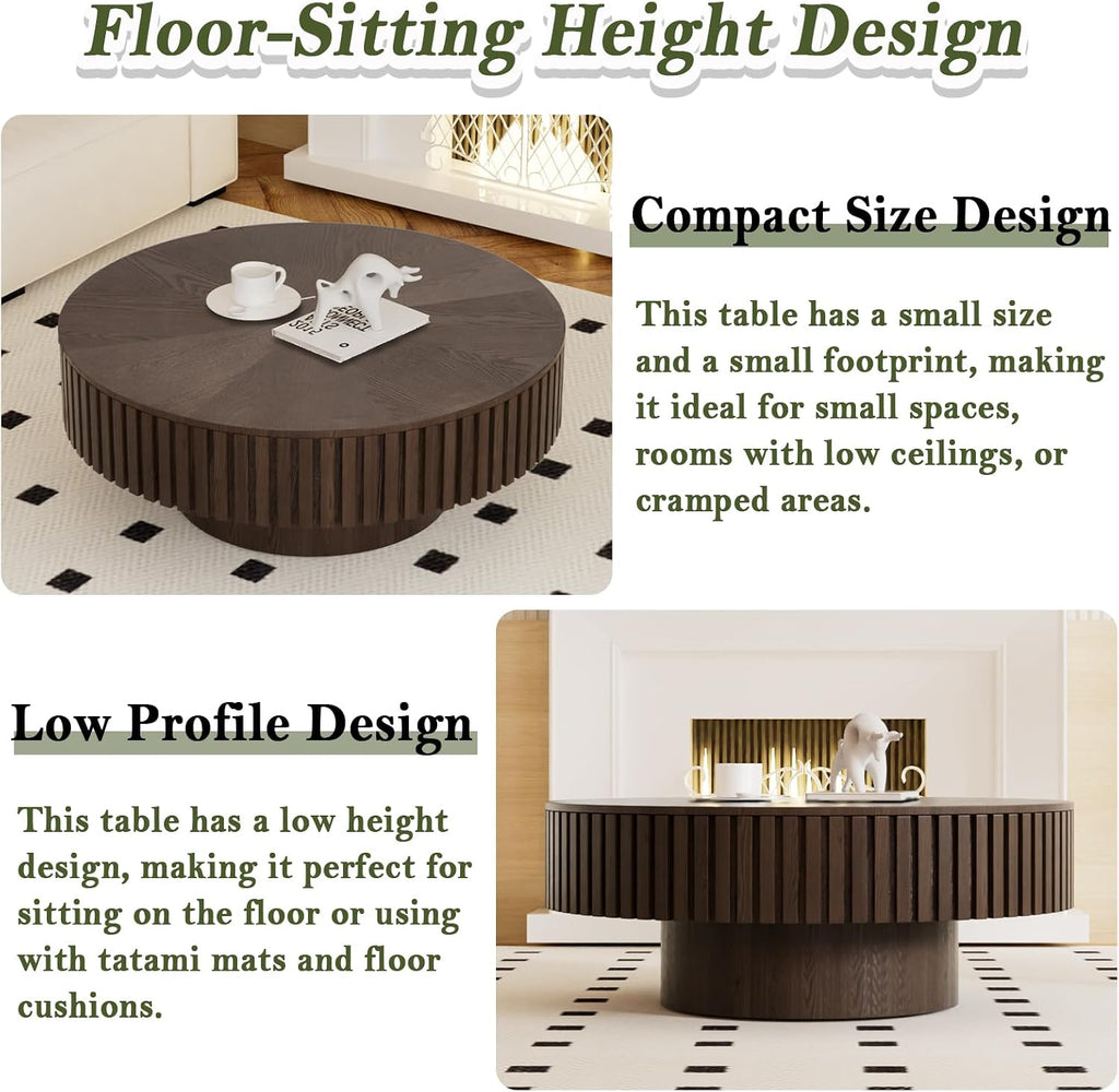 Round Coffee Table with Storage Modern Round Storage Coffee Table Brown Fluted Drum Coffee Table Low Circle Coffee Tables for Living Room (Brown B, 31.4')