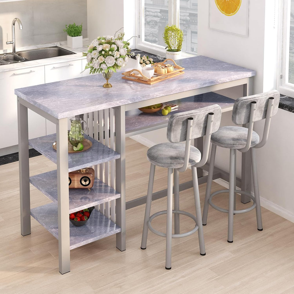 AWQM 3-Piece Bar Table and Chairs Set, Modern Glay Table with 2 PU Cushion Bar Stools, Kitchen Counter with 3 Tier Storage Shelves, Space Saving Table for Home & Kitchen, Black Frame