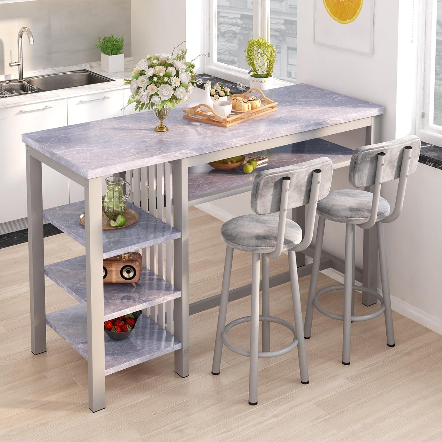 AWQM 3-Piece Bar Table and Chairs Set, Modern Glay Table with 2 PU Cushion Bar Stools, Kitchen Counter with 3 Tier Storage Shelves, Space Saving Table for Home & Kitchen, Black Frame