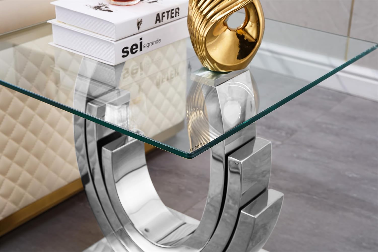 SSLine 1 Piece Living Room Console Table Luxury Glass Entryway Table,Modern Silver Console Table with Ring-Shape Stainless Steel Pedestal Base for Hallway Corridor(1 Console Table)