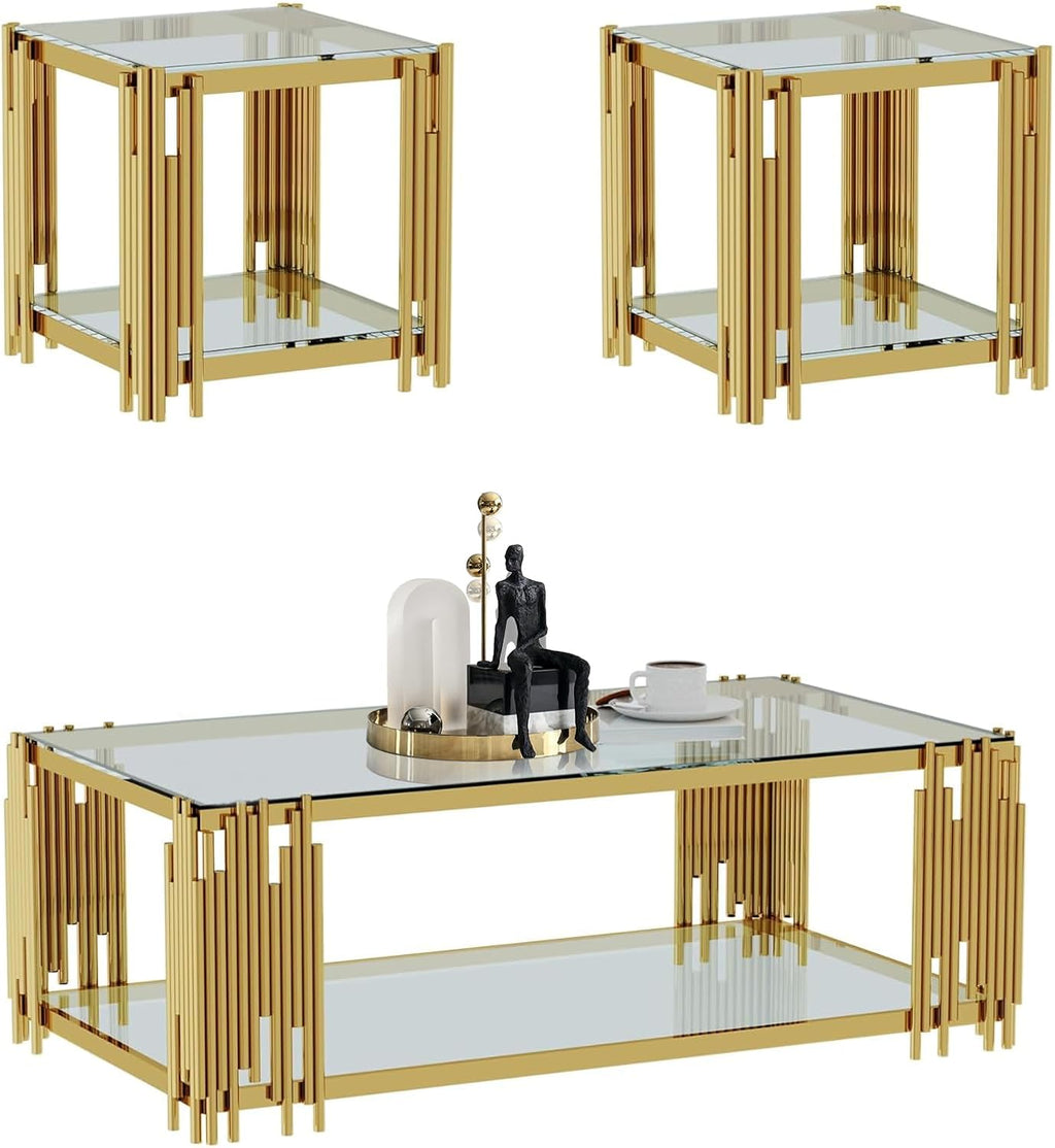 Glass Coffee Table and End Table Set of 3, Luxury Coffee Table Set with Tempered Glass & Gold Stainless Steel Legs, 3 Piece Living Room Table Set for Bedroom Home Office