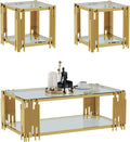 Glass Coffee Table and End Table Set of 3, Luxury Coffee Table Set with Tempered Glass & Gold Stainless Steel Legs, 3 Piece Living Room Table Set for Bedroom Home Office