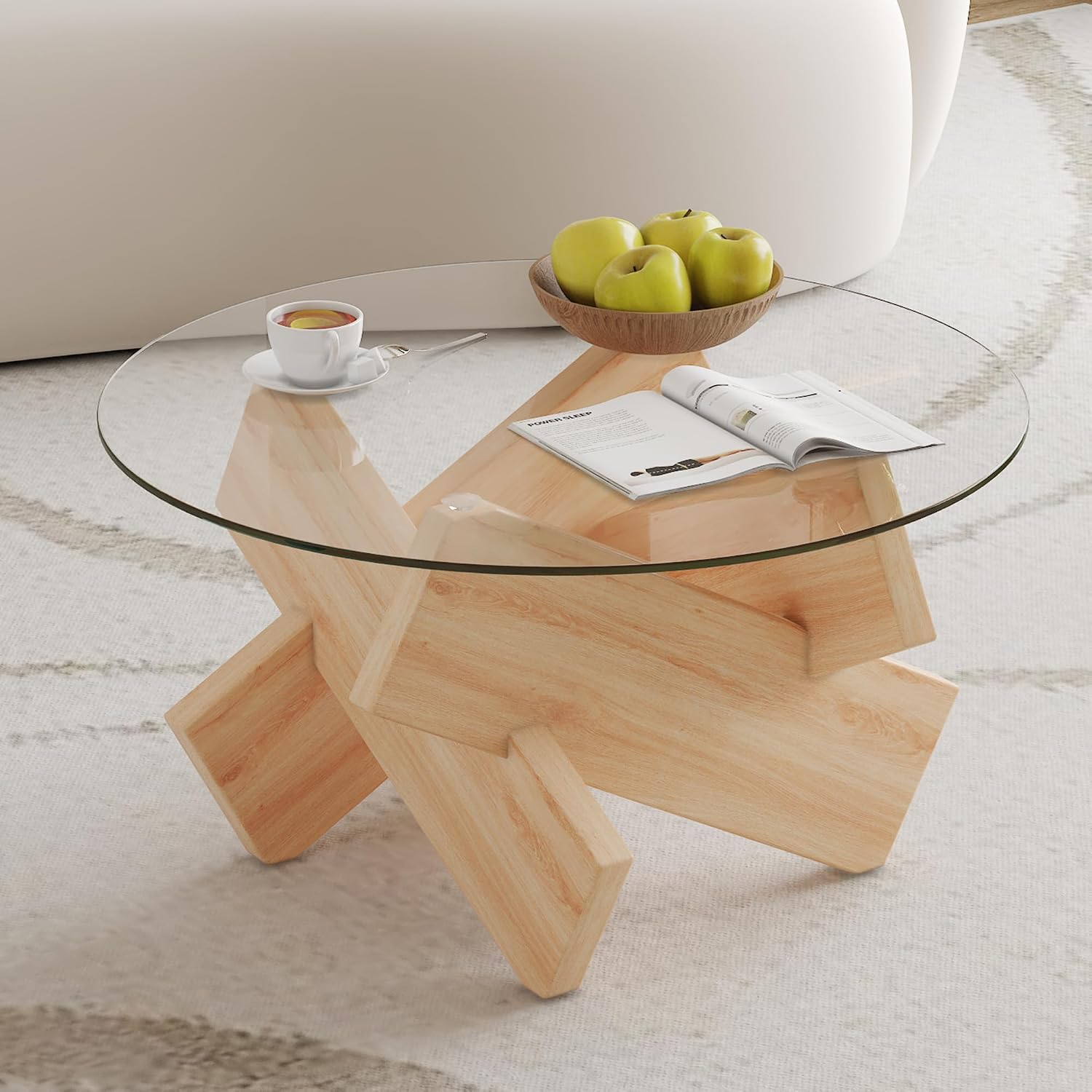 33.4'' Tempered Glass Round Coffee Table for Living Room, Modern Circle Coffee Table, Glass Tabletop & Wood Base, Easy Assembly, Transparent