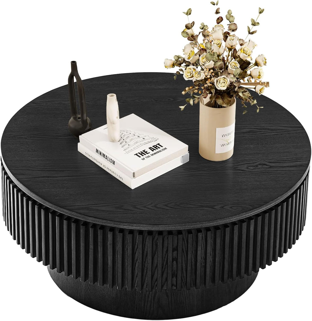 Round Coffee Table for Living Room,Fluted Drum Accent Tea Center Table with Storage,Circle Modern Coffee Tables for Small Space Office Apartment (31.5' L×31.5''W×14''H-Black)