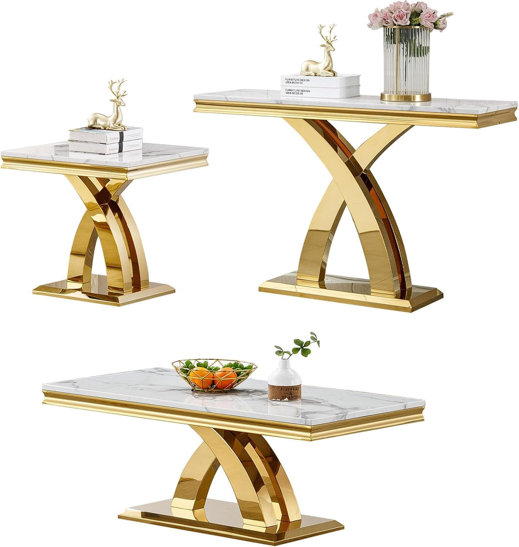 3 Pieces Coffee Table Set, Faux Marble Living Room Table Set of 3, Modern Coffee Table, Console Table and End Table with X-Shaped Stainless Steel Base for Living Room (White Gold)