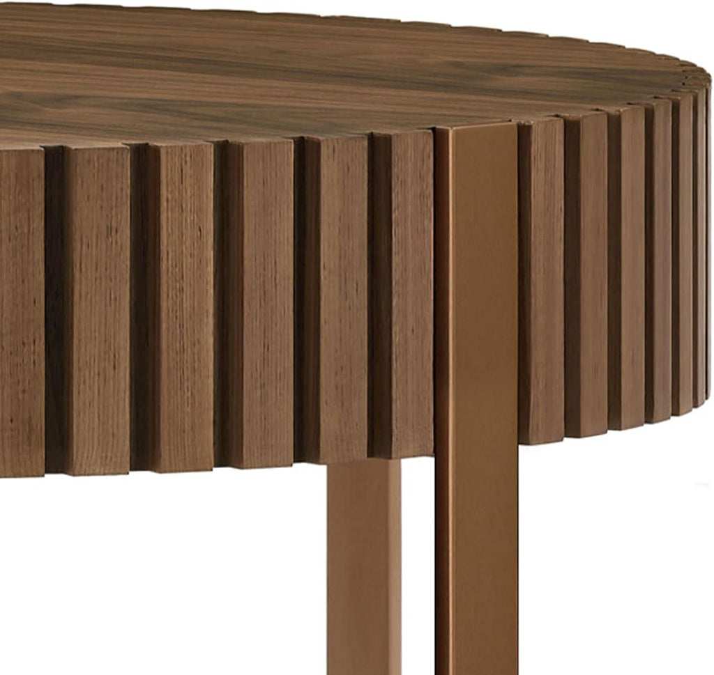 31.49'' Walnut Round Coffee Table, Modern Wood Circle Fluted Coffee Table for Living Room, Rose Gold Legs, Easy Assembly, Walnut