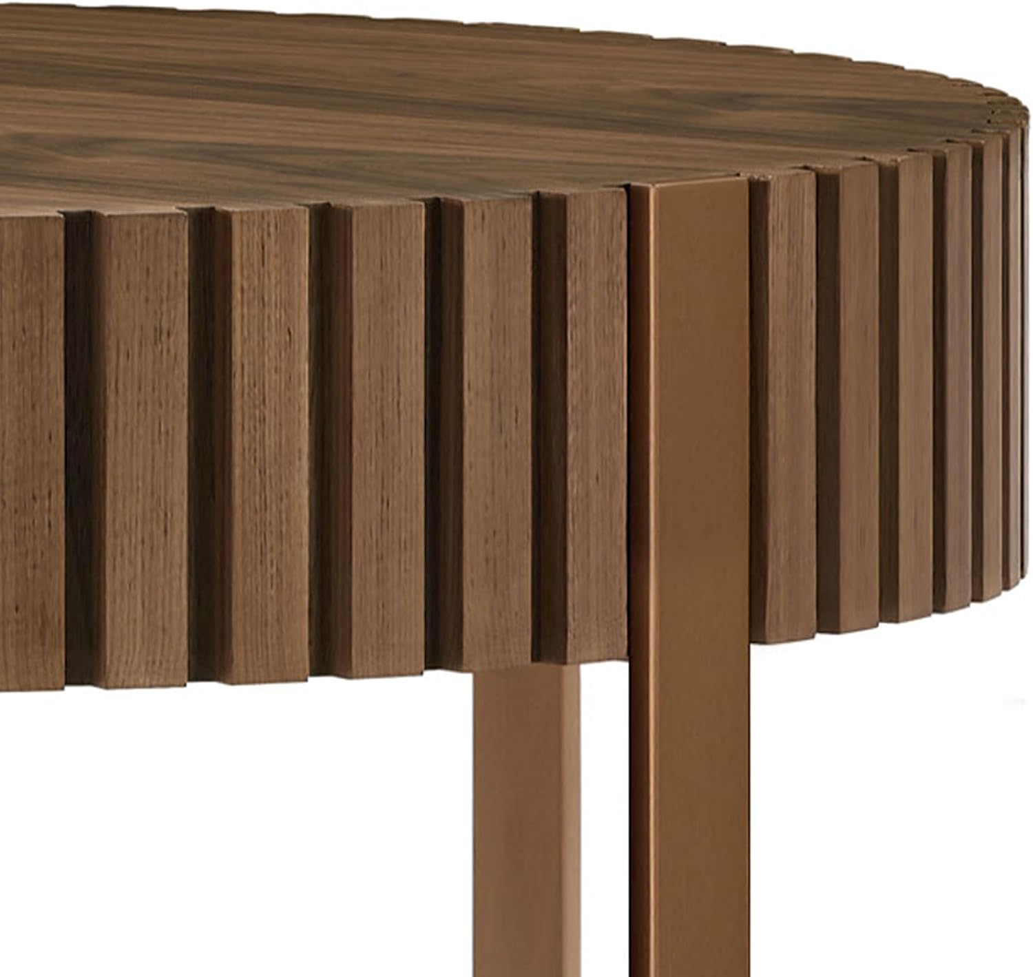 31.49'' Walnut Round Coffee Table, Modern Wood Circle Fluted Coffee Table for Living Room, Rose Gold Legs, Easy Assembly, Walnut