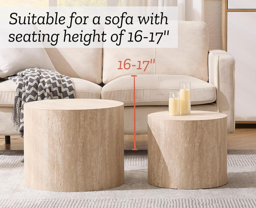 EALSON Nesting Coffee Tables Set of 2 Farmhouse Small Round End Tables Modern Circle Side Table Drum Table for Living Room/Small Spaces/Bedroom/Balcony, No Assembly, Travertine