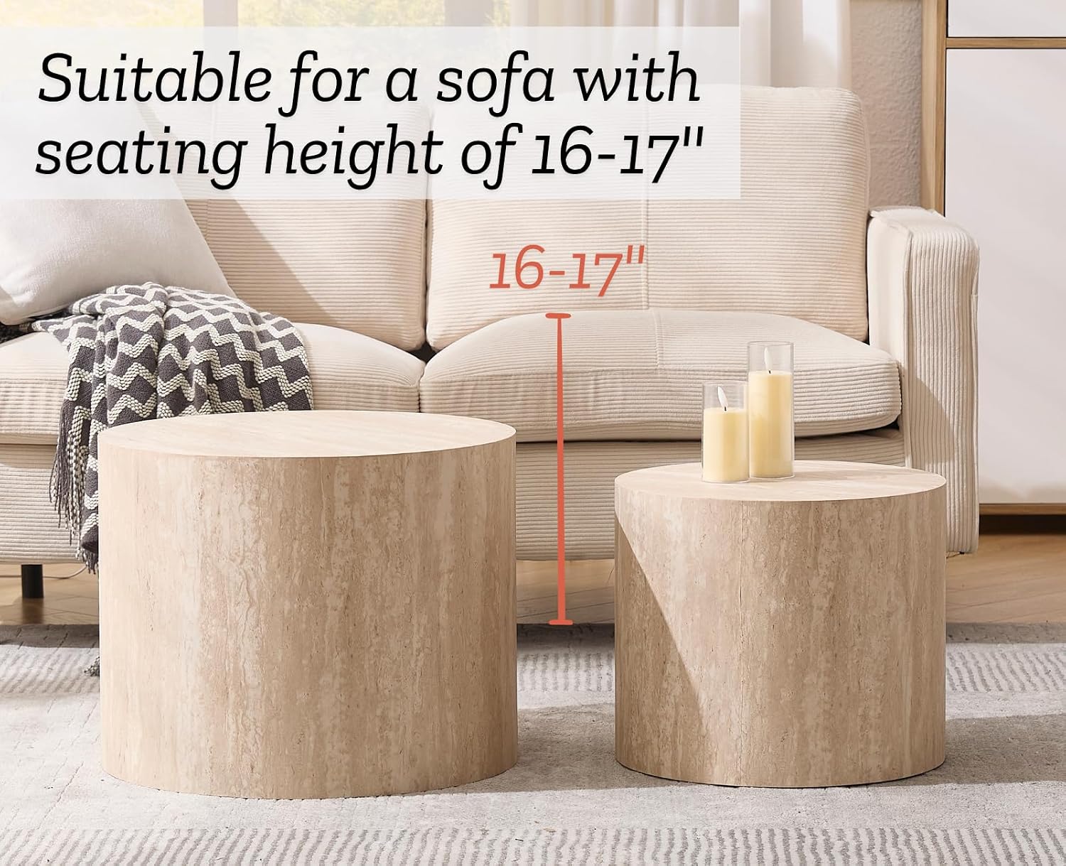 EALSON Nesting Coffee Tables Set of 2 Farmhouse Small Round End Tables Modern Circle Side Table Drum Table for Living Room/Small Spaces/Bedroom/Balcony, No Assembly, Travertine