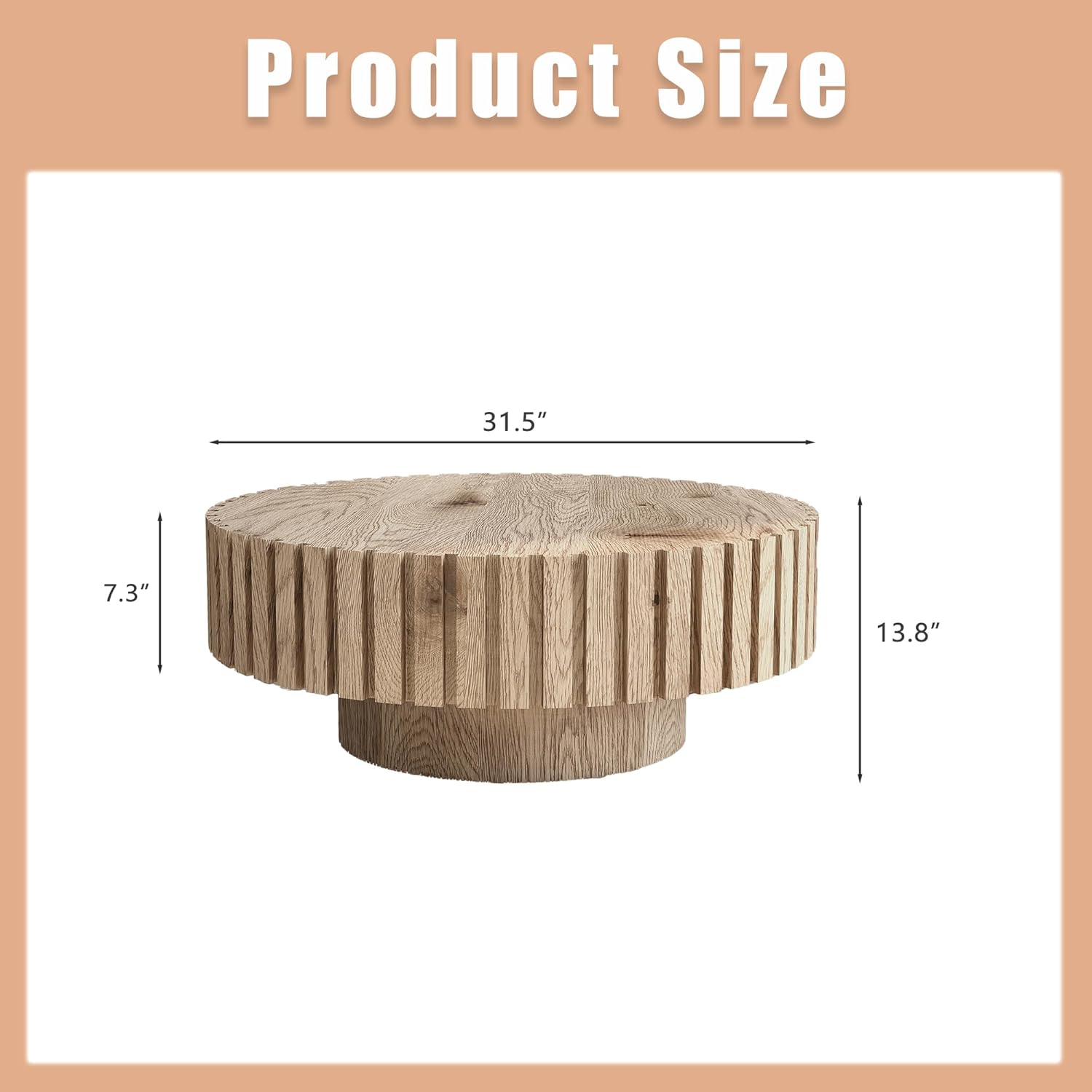 31.4'' Round Circle Coffee Table Modern Wood Coffee Table for Living Room, Contemporary Minimalist Fluted Drum Pedestal Style, Easy Assembly, Wood