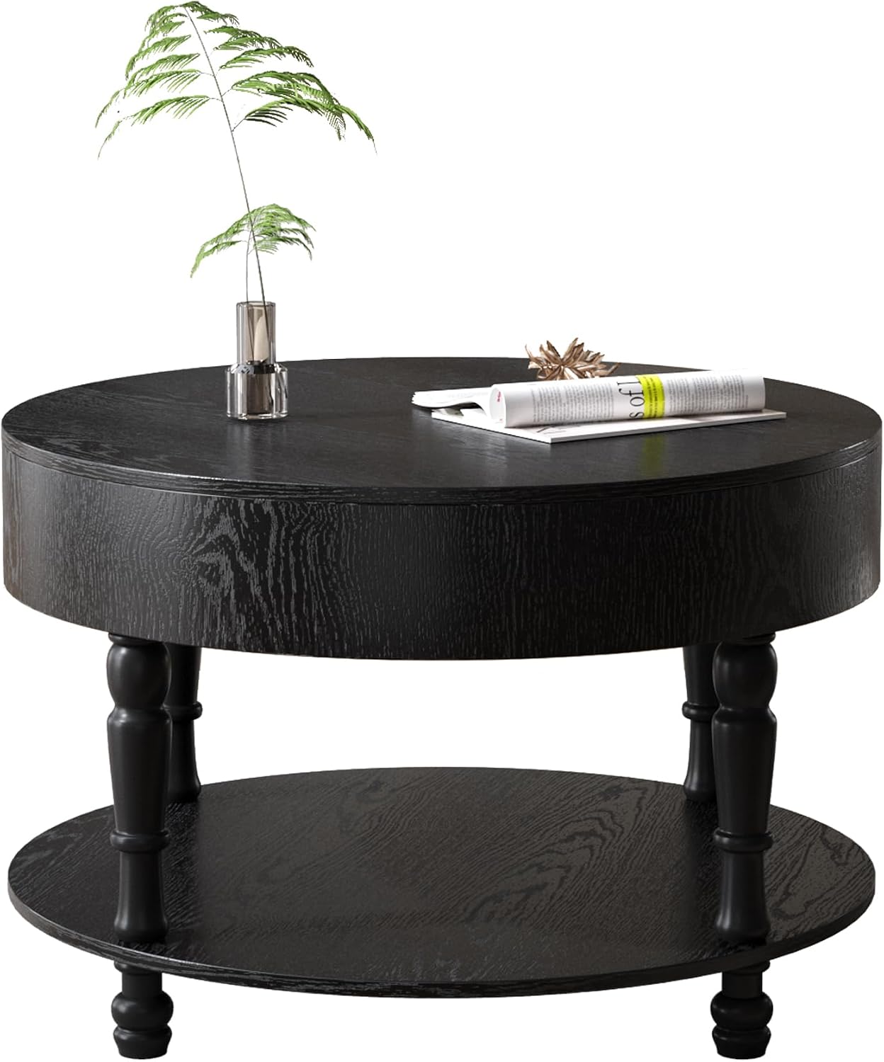 31.5'' Round Coffee Table with Storage Space, 2-Tier Modern Rustic Wood Circle Coffee Table for Living Room, Moveable Table Top & Easy Assembly, Black