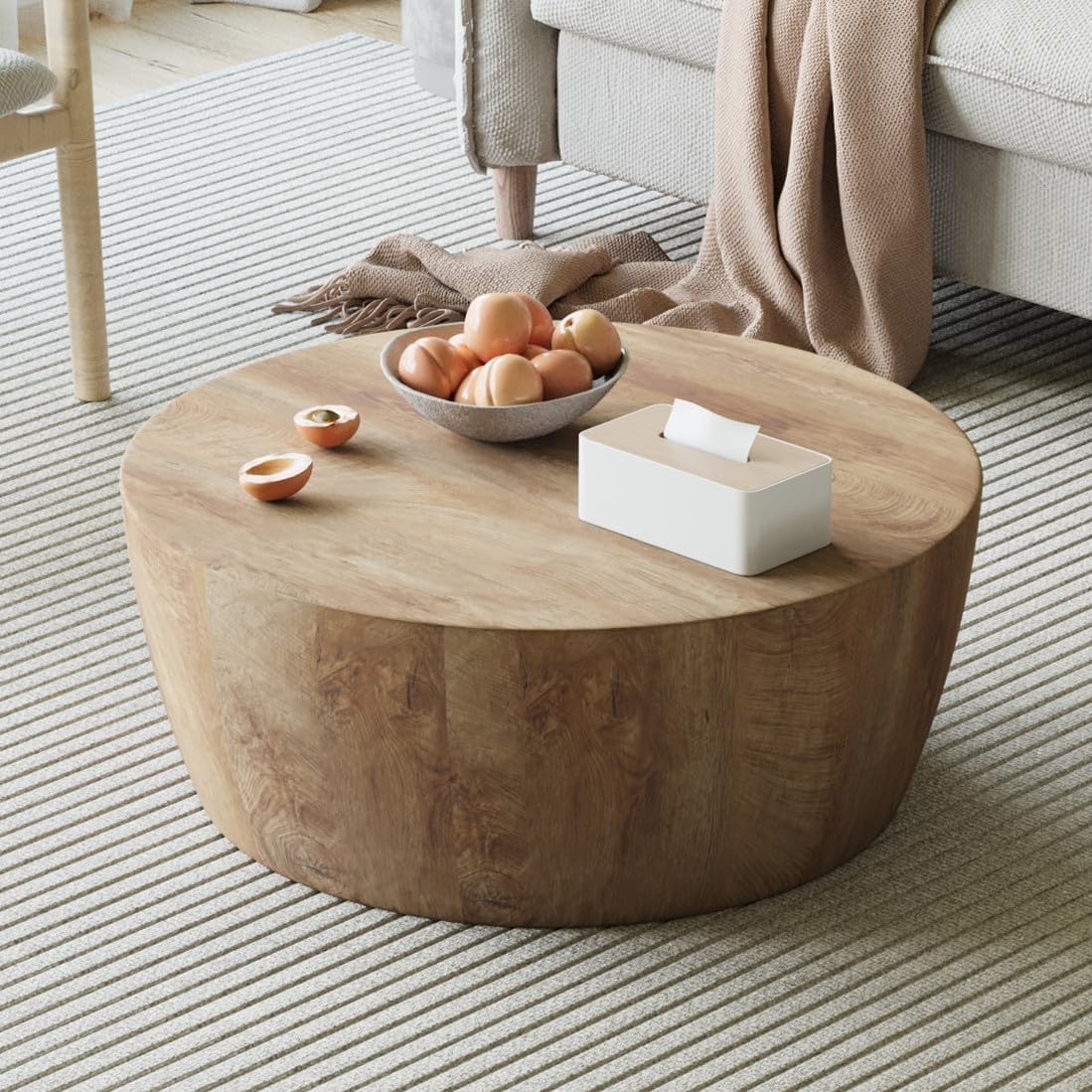 Rustic Drum Coffee Table for Living Room Round Center Table Modern Drum-Shape Wooden Cocktail Table for Home Office - Fully Assembled