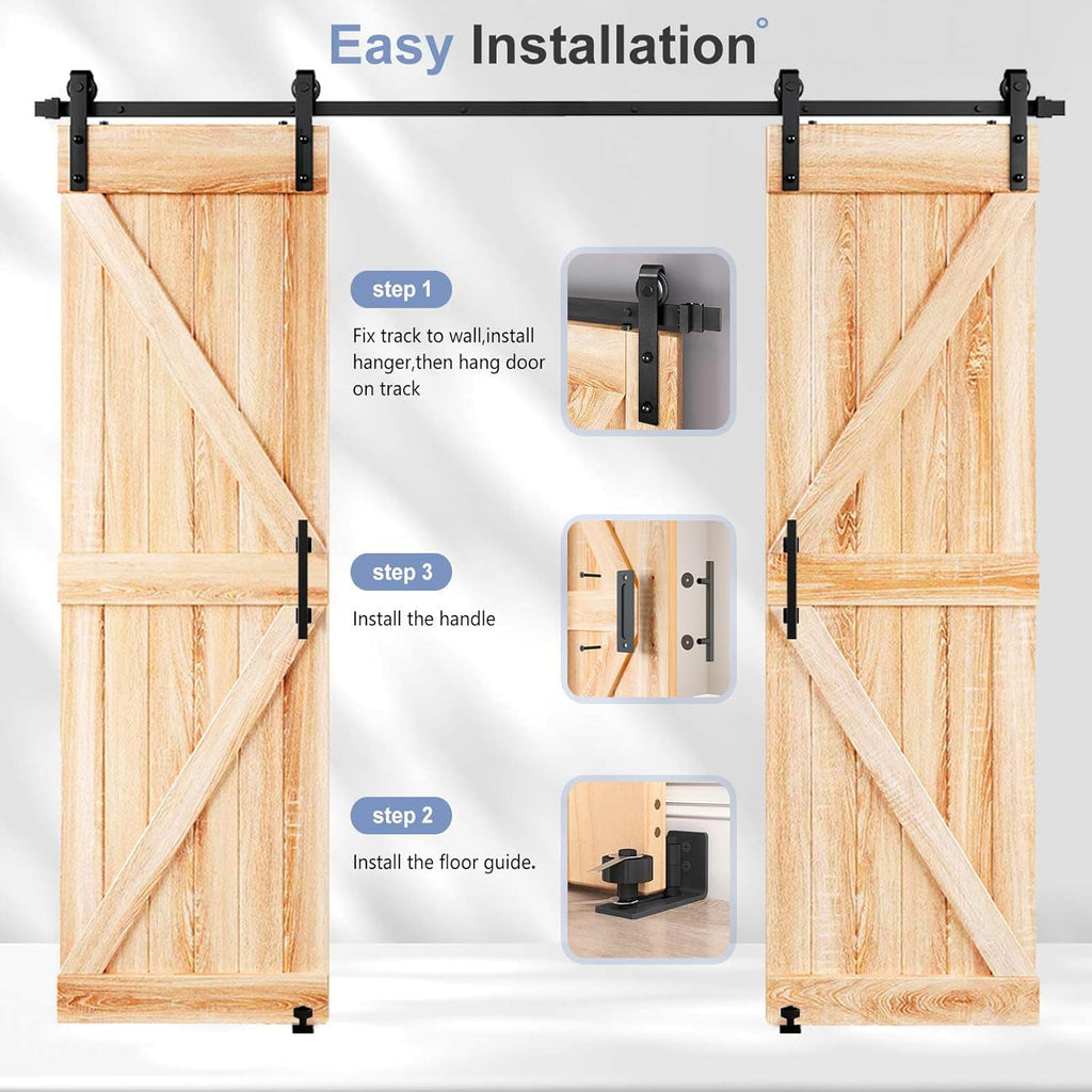 EaseLife 8 FT Double Sliding Barn Door Track and Handle Hardware Kit,Basic J Pulley,Slide Smoothly Quietly,Easy Install (8FT Track Kit for 20'~24' Wide Double Door)