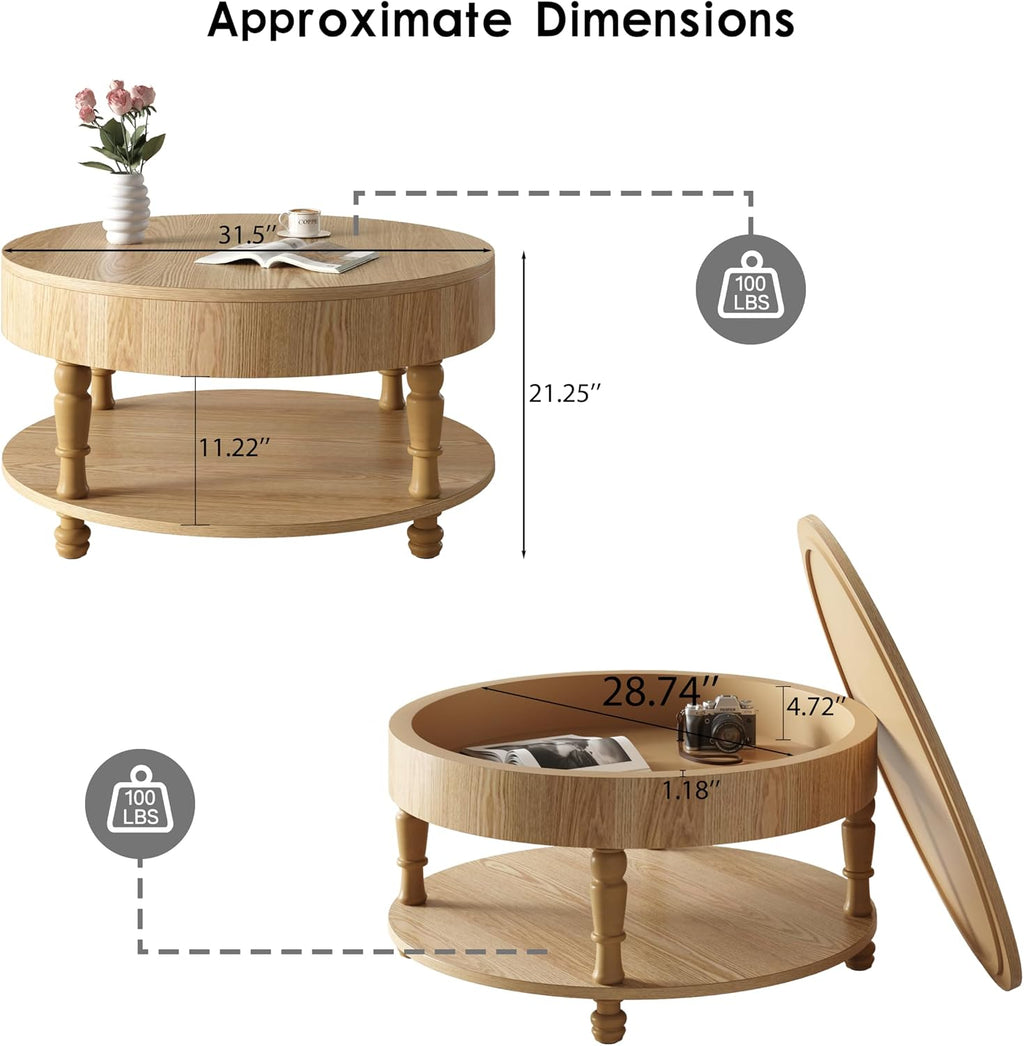 31.5'' Round Coffee Table with Storage Space, 2-Tier Modern Rustic Wood Circle Coffee Table for Living Room, Moveable Table Top & Easy Assembly, Natural