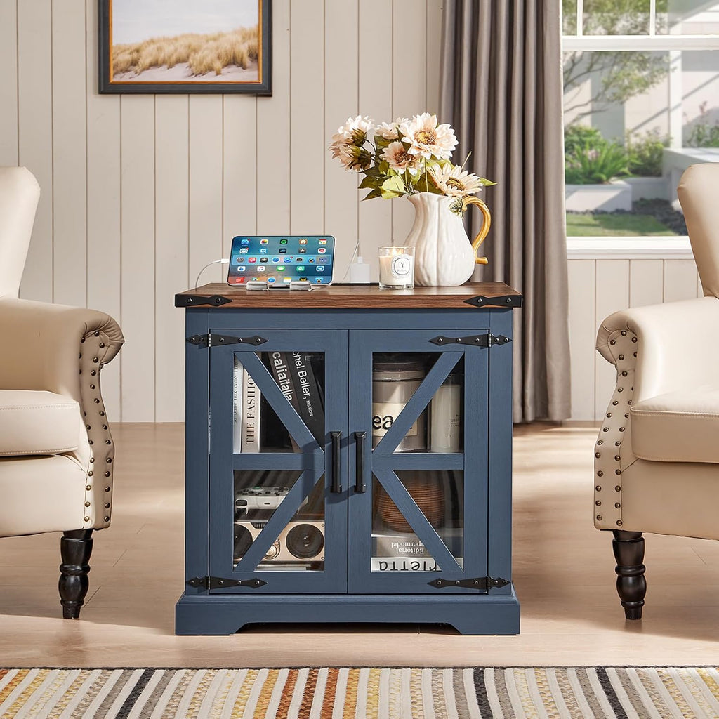 Farmhouse End Table Set of 2 with Charging Station, 24' Large Sofa Side Table with Glass Barn Door, Night Stand with Adjustable Shelf, Wood Nightstand, Square Bed Side Table for Living Room,Bedroom