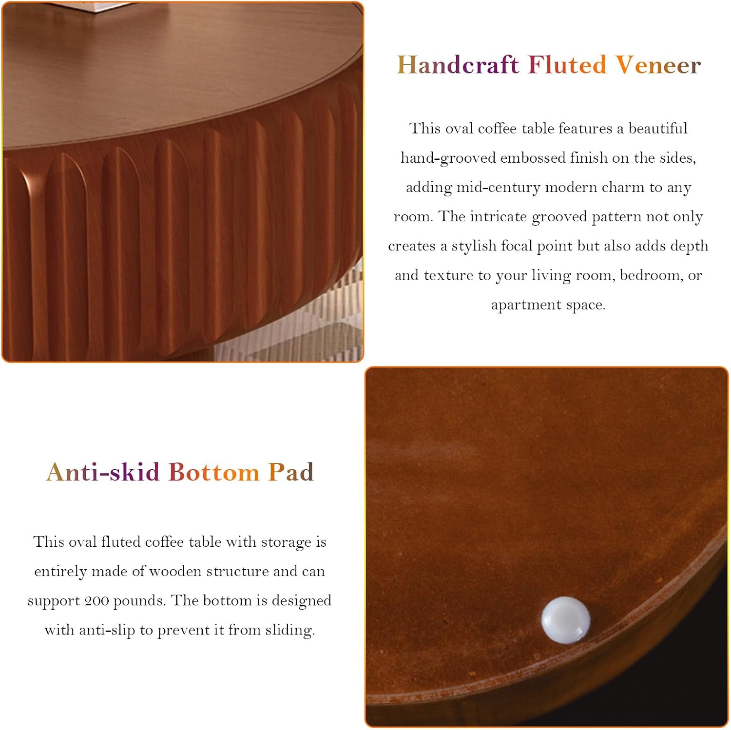 43.3' Oval Drum Coffee Table - Handcraft Solid Wood Edge Stripe Rustic Chic Fluted Tea Table with with Storage for Small Space Apartment (E 43.3in)