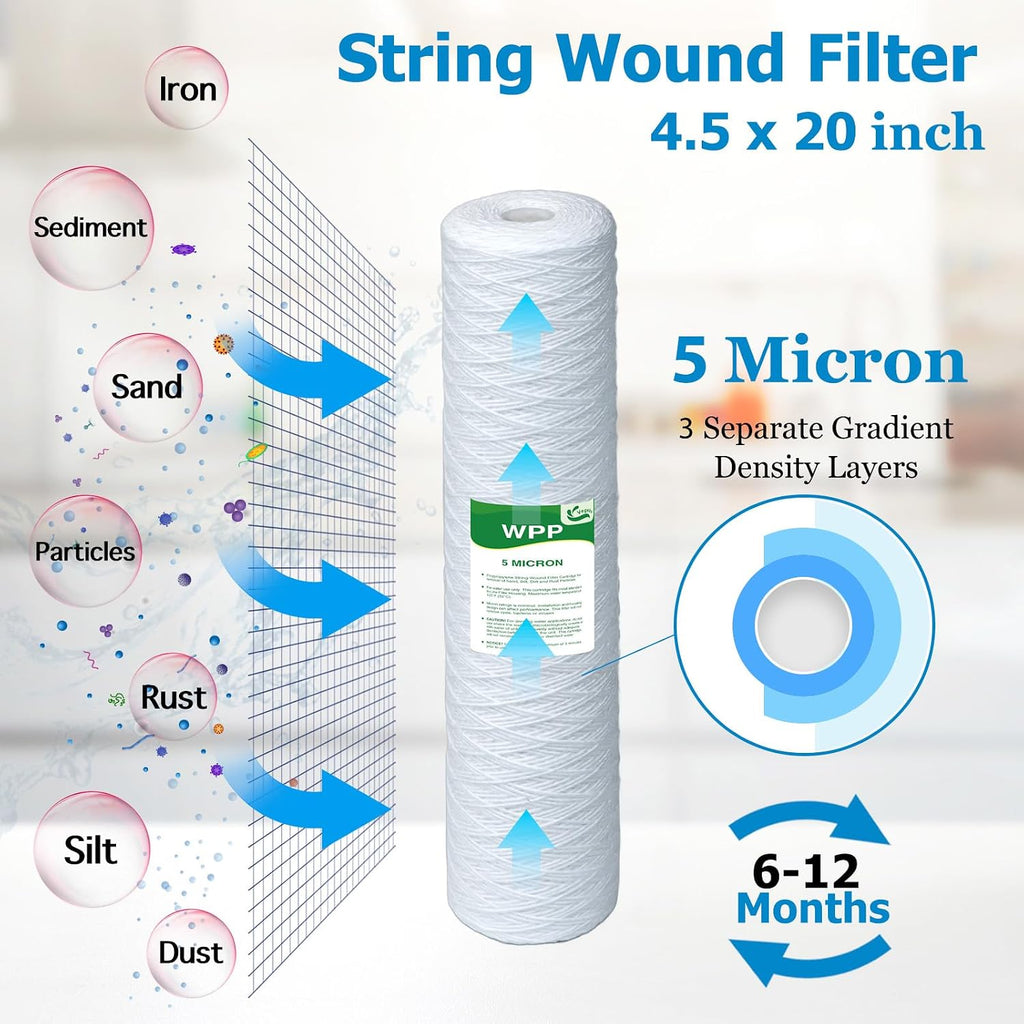 5 Micron Water Filter 20' x 4.5', 20-inch Whole House Heavy Duty String Wound Sediment Pre-Filters for Well Water, Replacement Cartridge for SDC-45-2005, FP25B, DGD-5005-20, 6-Pack