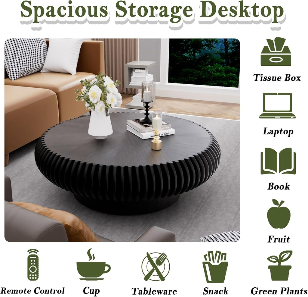 Round Fluted Drum Coffee Table Modern Round Black Fluted Coffee Table Low Circle Coffee Tables for Living Room (Black A, 39.3')