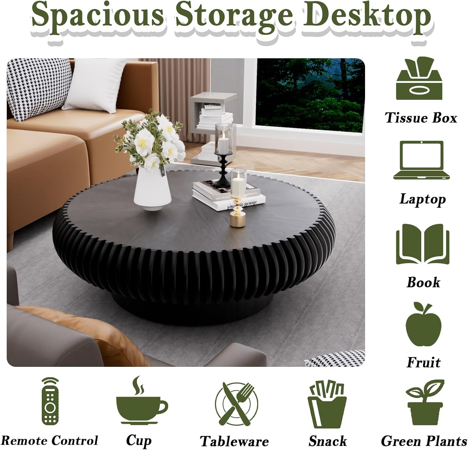 Round Fluted Drum Coffee Table Modern Round Black Fluted Coffee Table Low Circle Coffee Tables for Living Room (Black A, 39.3')