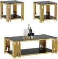 Modern Glass Coffee Table Set of 3, Luxury 2-Tier Black Glass Coffee Table and 2 End Table Set w/Gold Stainless Steel Frame, 3 Piece Living Room Table Set for Apartment Office