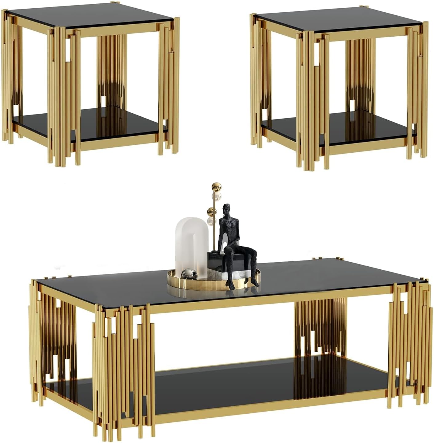 Modern Glass Coffee Table Set of 3, Luxury 2-Tier Black Glass Coffee Table and 2 End Table Set w/Gold Stainless Steel Frame, 3 Piece Living Room Table Set for Apartment Office