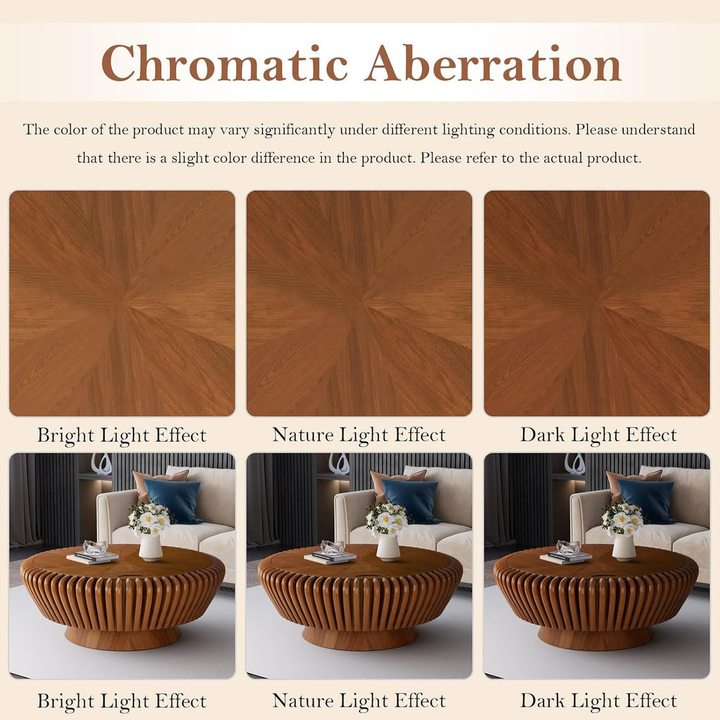 35.4' Fluted Coffee Table with Storage Rustic Chic Circle Drum Center Tables - Handcraft Solid Wood Fluted Veneer for Living Room (M Brown 35.4in)