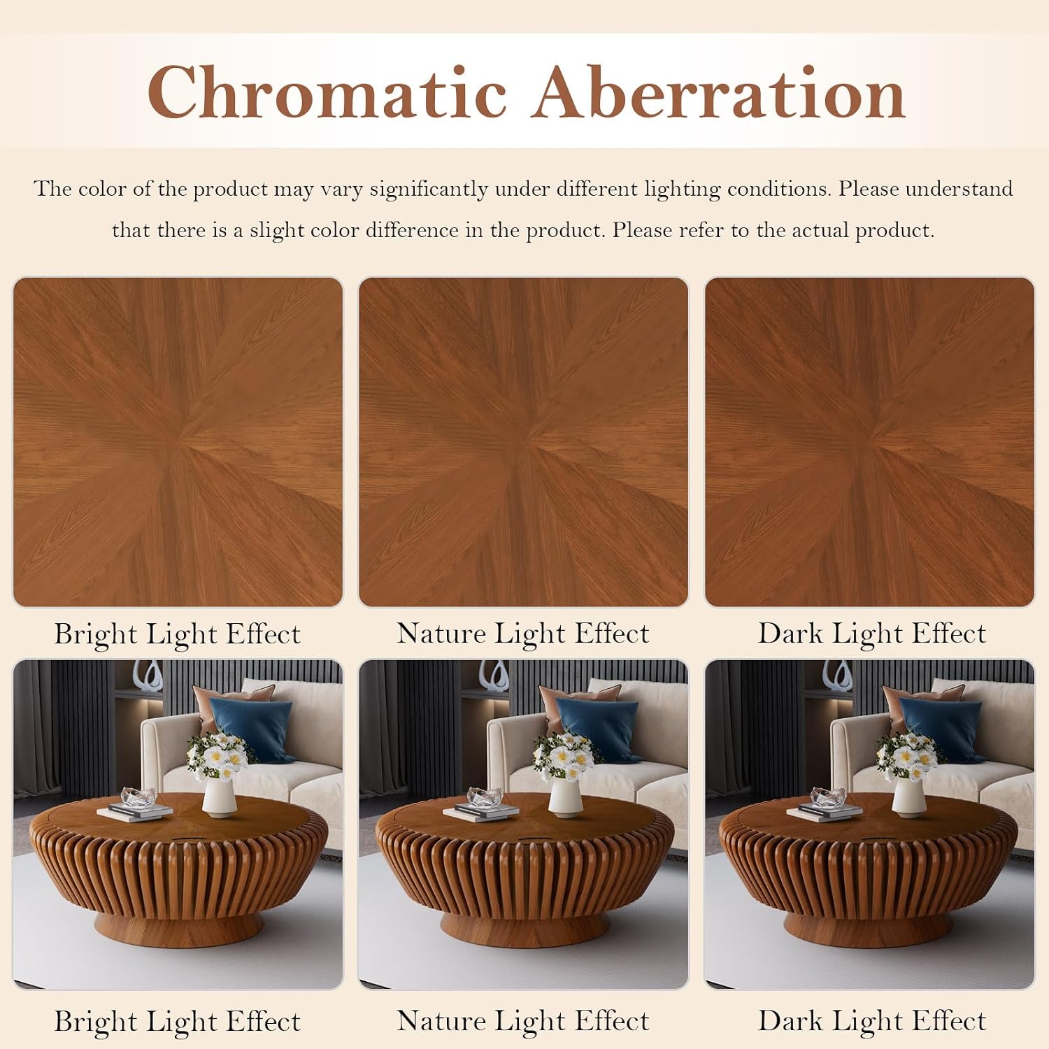 35.4' Fluted Coffee Table with Storage Rustic Chic Circle Drum Center Tables - Handcraft Solid Wood Fluted Veneer for Living Room (M Brown 35.4in)