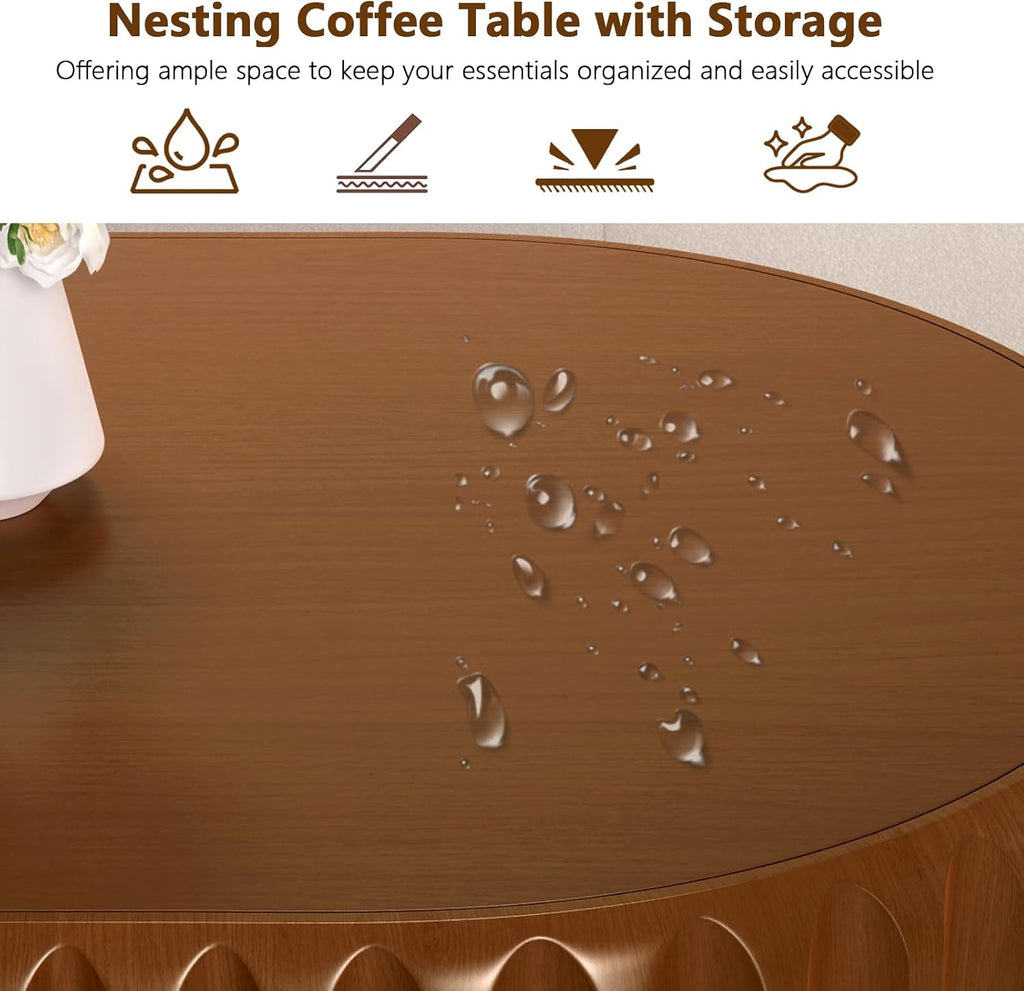 Round Drum Coffee Table White Fluted Coffee Table Circle Center Table Pedestal End Table for Apartment (43.3in)