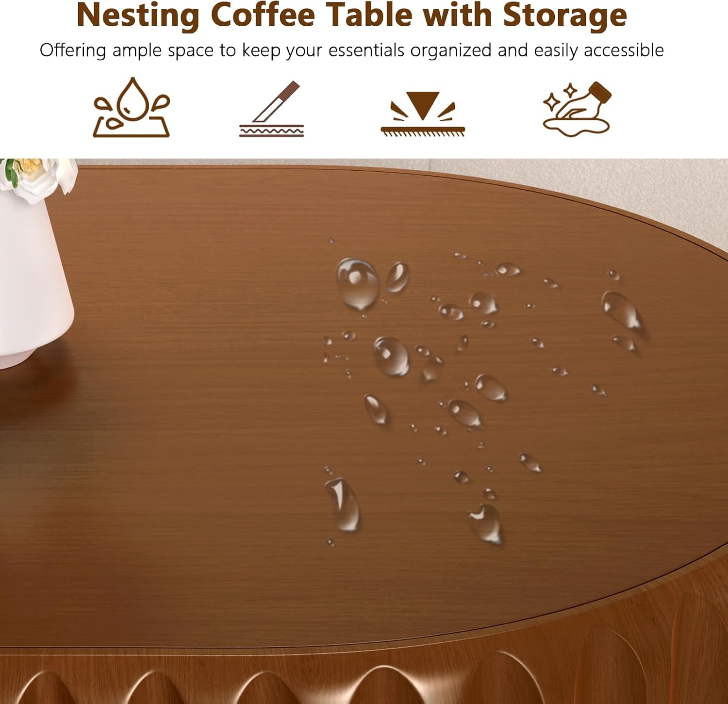 Round Drum Coffee Table White Fluted Coffee Table Circle Center Table Pedestal End Table for Apartment (43.3in)
