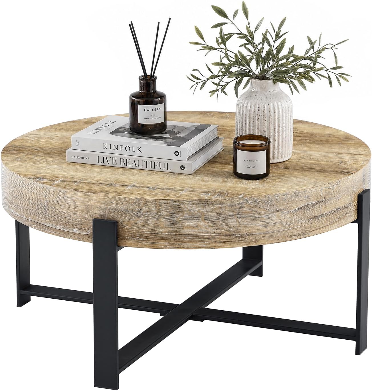 Round Coffee Table, Small Wood Coffee Table with Storage, Modern Rustic Distressed Wood Grain Circle Tables Accent Center Tables for Living Room Apartment Small Space (31.5''D-Retro Natural)