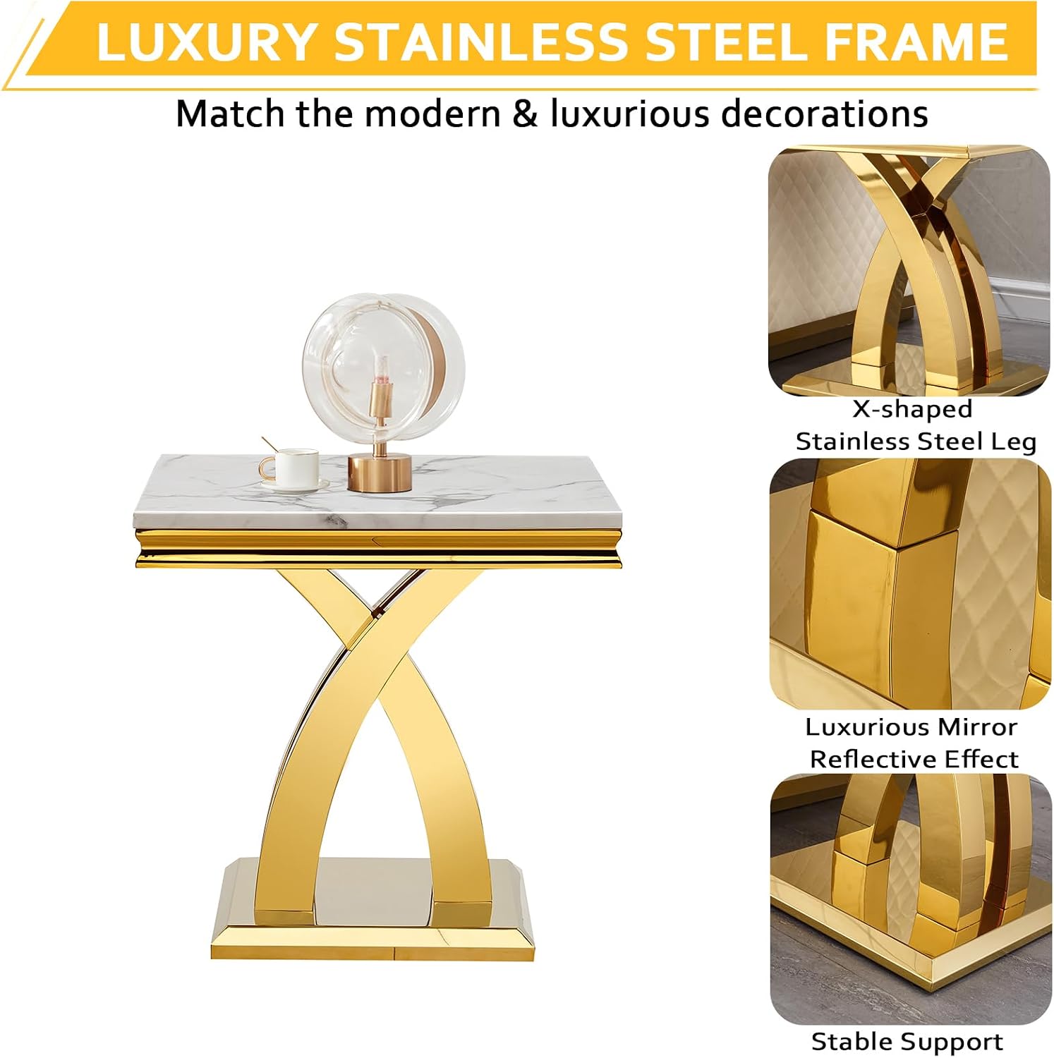 4 Pieces Coffee Table Set, Faux Marble Living Room Table Set of 4, Modern Coffee Table, Console Table and 2 End Tables with X-Shaped Stainless Steel Base for Living Room (White Gold)